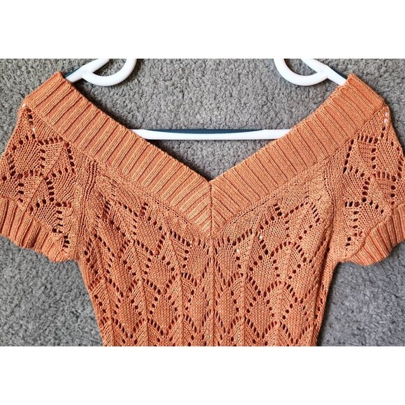 Vtg Y2K Cache Short Sleeve V Neck Open Knit Long Sweater Top Orange Metallic XS - Picture 2 of 12